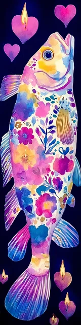 Free printable fish bookmark featuring floral skin fish with candles